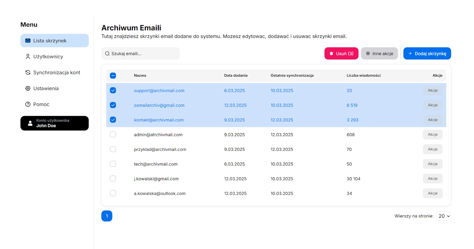 Panel przedstawiający możliwości zarządzania skrzynkami email Archiwum.