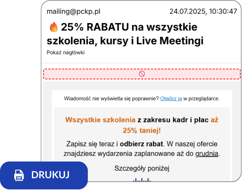 Przykład możliwości wydruku poszczególnej wiadomości email