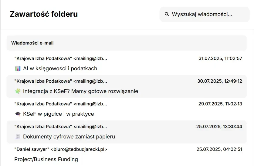 Przykład listy email w aplikacji ArchivMail