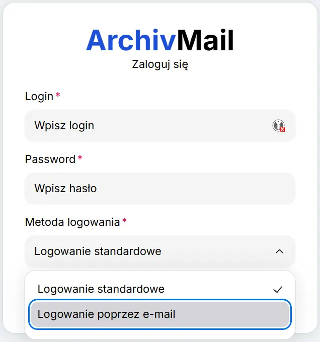 Ekran logowania aplikacji ArchivMail